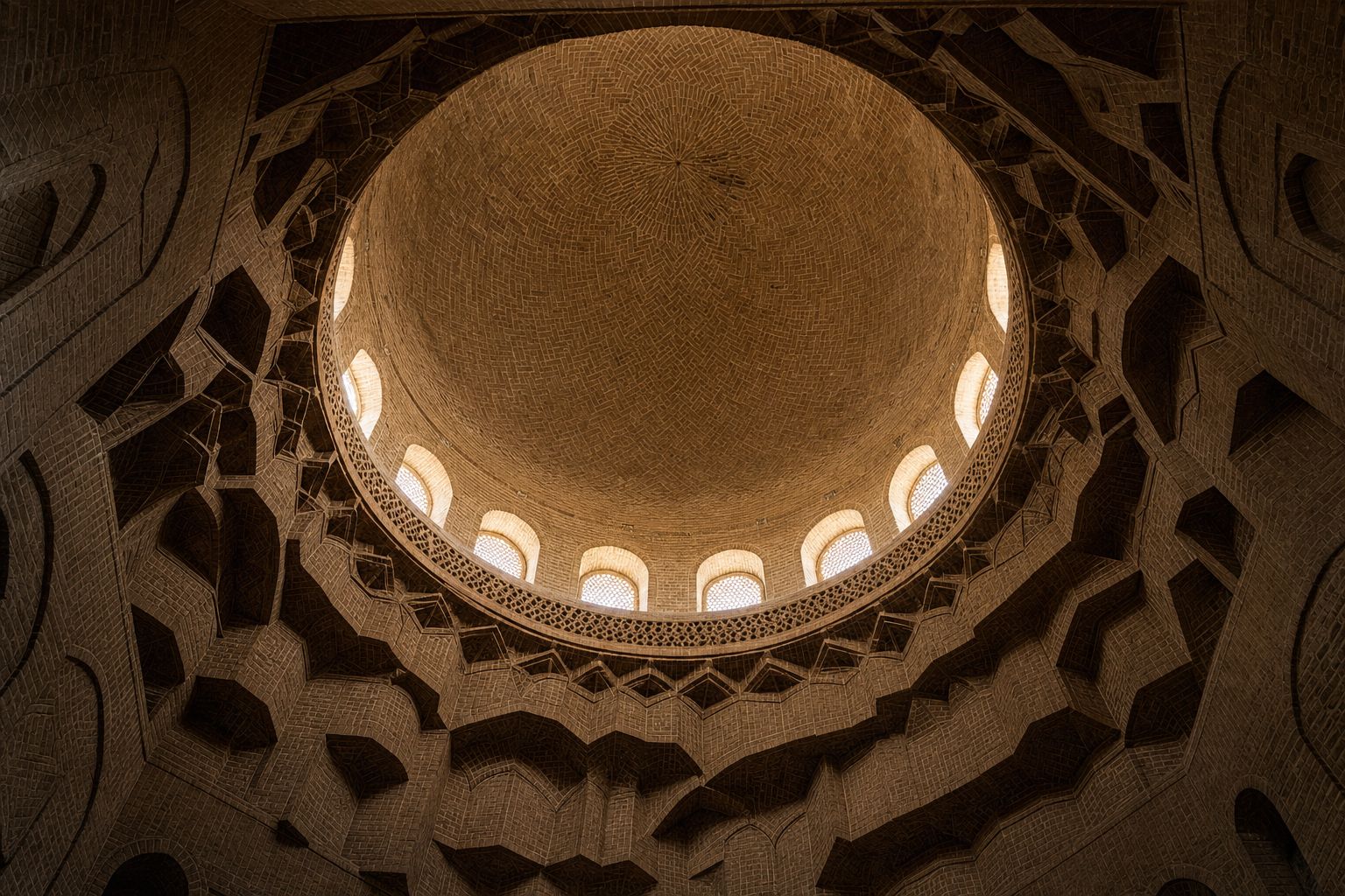 View up into a brick dome with a ribbed muqarnas transition zone