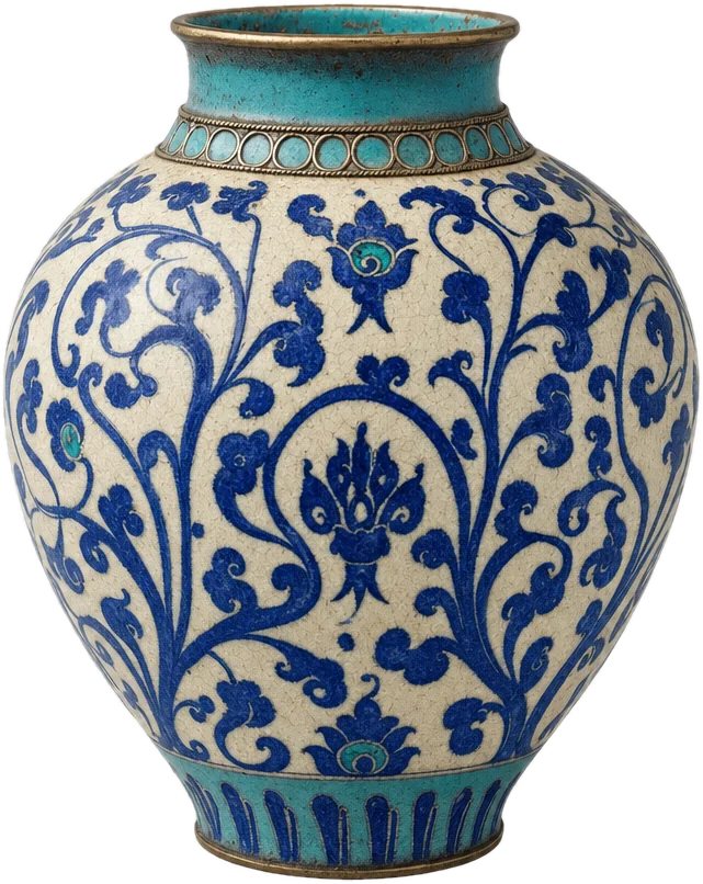 Rounded ceramic jug painted with cobalt-blue scrolling vine